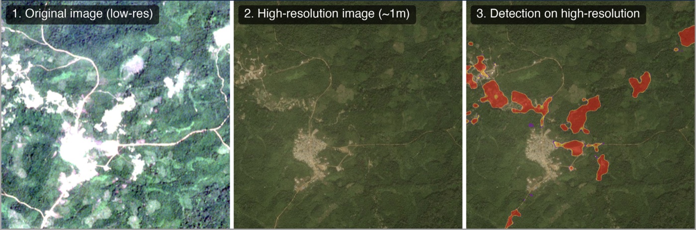 Mining detection pipeline: frequent satellite image, high-resolution map, and detection overlay